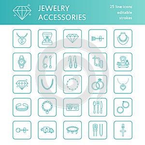 Jewelry flat line icons, jewellery store signs. Jewels accessories - gold engagement rings, gem earrings, silver chain