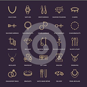 Jewelry flat line icons, jewellery store signs. Jewels accessories - gold engagement rings, gem earrings, silver chain photo