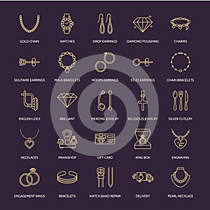 Jewelry flat line icons, jewellery store signs. Jewels accessories - gold engagement rings, gem earrings, silver chain