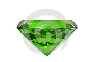 Jewelry and gemstones concept with close up on a green emerald gemstone isolated on a white background with clipping path