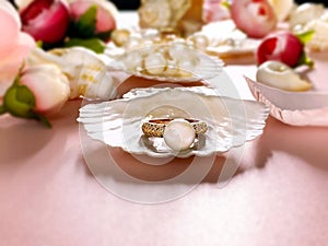 Jewelry gold  white pearl in seashell  Luxury Glamour fashion  costume jewelry ,roses  flowers petal  on blue and pink coral backg