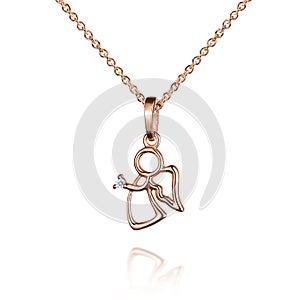 Jewelry golden pendant with diamond, angel with wings, golden chain, rose gold, isolated on white