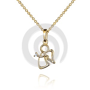 Jewelry golden pendant with diamond, angel with wings, golden chain, yellow gold, isolated on white