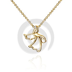 Jewelry golden pendant with diamond, angel with wings, golden chain, yellow gold, isolated on white