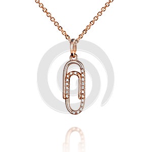 Jewelry golden pendant with diamonds, clip, paper-fastener, clinch, golden chain, rose gold, isolated on white