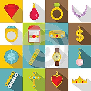 Jewelry items icons set, flat style