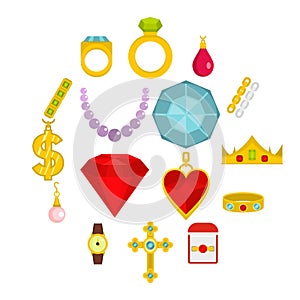 Jewelry items icons set in flat style