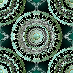 Jewelry lace 3d floral mandalas seamless pattern. Ornamental glowing green background. Round lacy beautiful ornaments
