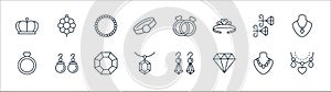 jewelry line icons. linear set. quality vector line set such as necklace, diamond, diamond pendant, diamond ring, earring, pearl