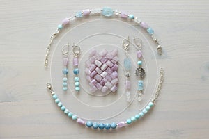 Jewelry made of natural stones and silver. Aquamarine, larimar, kunzite, moonstone. Handmade. Asymmetric jewelry. Asymmetry. photo