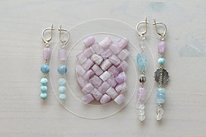 Jewelry made of natural stones and silver. Aquamarine, larimar, kunzite, moonstone. Handmade. Asymmetric jewelry. Asymmetry.