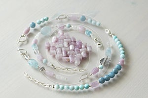 Jewelry made of natural stones and silver. Aquamarine, larimar, kunzite, moonstone. Handmade. Asymmetric jewelry. Asymmetry.