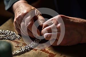 jewelry maker working on delicate chainmaille bracelet with intricate knotwork