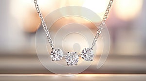 a jewelry necklace adorned with a pure, sober, and delicate line, featuring three exquisite diamonds, in a realistic