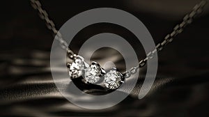 a jewelry necklace adorned with a pure, sober, and delicate line, featuring three exquisite diamonds, in a realistic