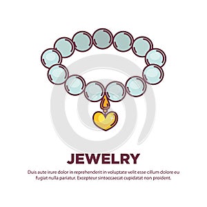 Jewelry pearl necklace with golden heart pendant vector flat icon