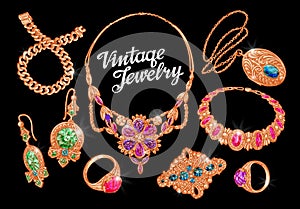 Jewelry. Precious metal, gold, silver and gems. Vector illustration