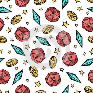 Jewelry precious stones seamless pattern. Gemstones, gem jewels, diamonds, gold coins, and stars on white background