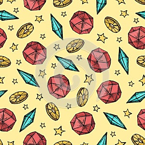 Jewelry precious stones seamless pattern. Gemstones, gem jewels, diamonds, gold coins, and stars on yellow background