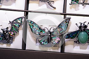 Jewelry retail showcase display different nacre brooches
