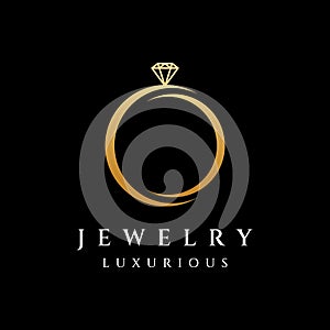 Jewelry ring abstract logo template design with luxury diamonds or gems.Isolated on black and white background.Logo can be for