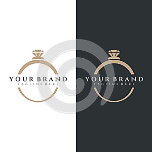 Jewelry ring abstract logo template design with luxury diamonds or gems.Isolated on black and white background.Logo can be for