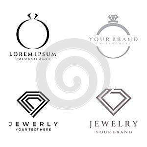 Jewelry ring abstract logo template design with luxury diamonds or gems.Isolated on black and white background.Logo can be for