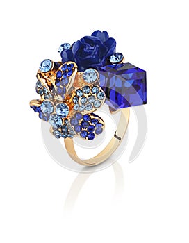 Jewelry ring with blue gems flower isolated on white with clipping path