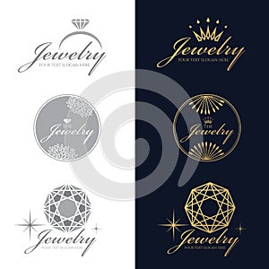 Jewelry ring logo. Jewelry crown logo. Jewelry flower and circle logo. Diamond Octagon logo. vector set and isolate on white and