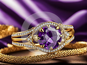 A jewelry ring set against a textured background in a studio shot, with a purple gemstone and golden accents.
