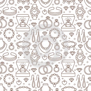 Jewelry seamless pattern, line illustration. Vector flat icons of jewels accessories - gold engagement rings, diamond