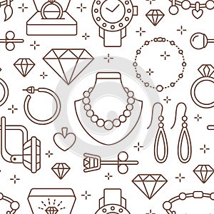 Jewelry seamless pattern, line illustration. Vector icons of jewels accessories - gold engagement rings, diamond, pearl