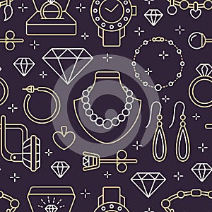 Jewelry seamless pattern, line illustration. Vector icons of jewels accessories - gold engagement rings, diamond, pearl
