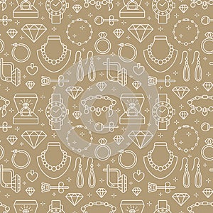 Jewelry seamless pattern, line illustration. Vector icons of jewels accessories - gold engagement rings, diamond, pearl