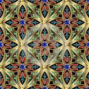 Jewelry seamless pattern. Ornamental arabesque background. Repeat waffle backdrop. Vintage floral arabic ornaments. Blue sapphire