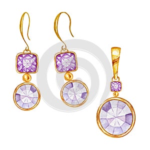 Jewelry set of earrings and pendant. Purple square and round crystal gemstone with gold element. Beautiful Watercolor