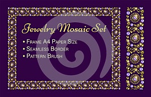 Jewelry set with rectangular mosaic frame, seamless border, pattern brush.