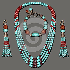 jewelry set with turquoise beaded earrings blue and brown with tassels