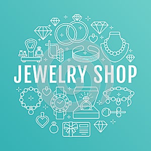 Jewelry shop, diamond accessories banner illustration. Vector line icon of jewels - gold engagement rings, gem earrings