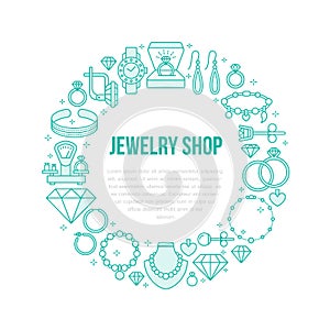 Jewelry shop, diamond accessories banner illustration. Vector line icon of jewels - gold engagement rings, gem earrings