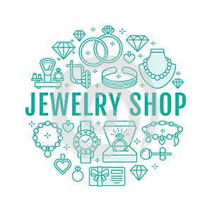 Jewelry shop, diamond accessories banner illustration. Vector line icon of jewels - gold engagement rings, gem earrings