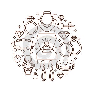 Jewelry shop, diamond accessories banner illustration. Vector line icon of jewels - gold watches, engagement rings, gem