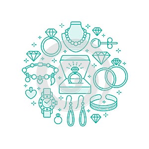 Jewelry shop, diamond accessories banner illustration. Vector line icon of jewels - gold watches, engagement rings, gem