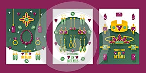 Jewelry store banners, vector illustration. Sparkling golden jewels with precious gemstones. Flat style jewellery cards