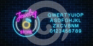 Jewelry store glowing neon signboard with alphabet. Bijou shop advertisement shining sign.