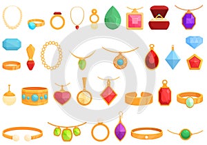 Jewelry store icons set cartoon . Fashion retail