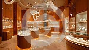 jewelry store interior, sale, consumerism, shopping and background concept