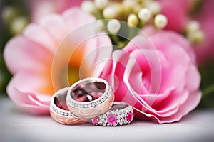 Jewelry - wedding rings, engagement ring on the background of a bouquet of pink roses