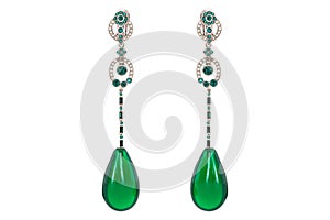 Jewelry on a white background. Women`s earrings premium with precious stones. Isolate Jewelry. Briliant.