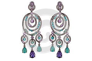 Jewelry on a white background. Women`s earrings premium with precious stones. Isolate Jewelry. Briliant.